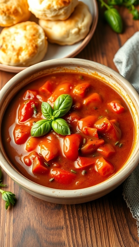 A bowl of homemade tomato gravy garnished with basil, served with biscuits on a wooden table.